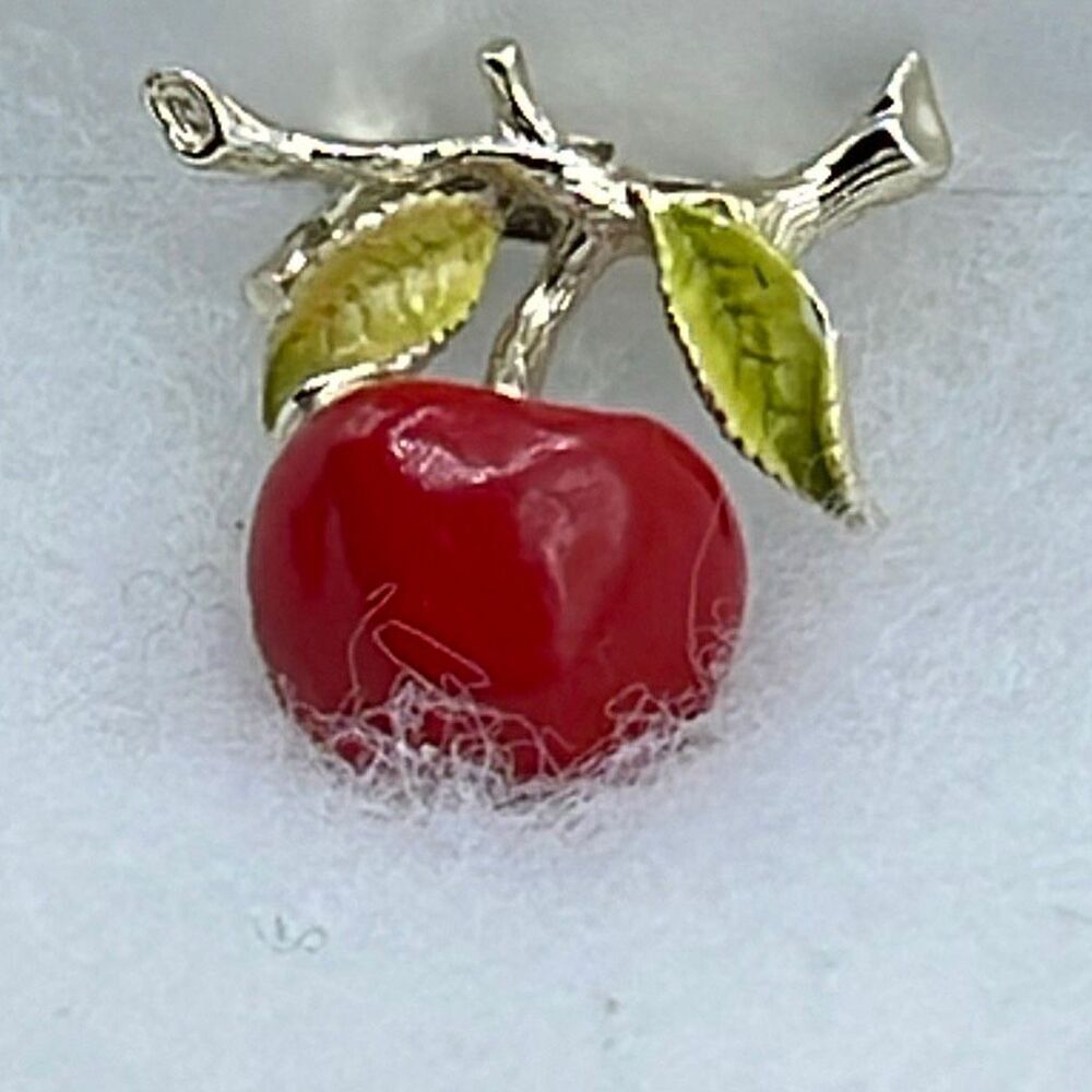 Vintage bright red enamel cherry brooch by Gerrys.